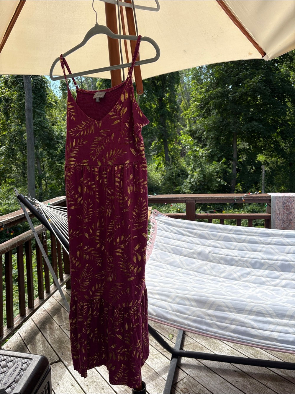 Women’s Burgundy Midi Sundress with Gold Leaf Print